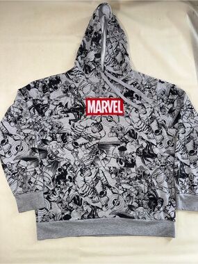Marvel Gray Black All-Over Comic Print Hoodie with Red Logo
